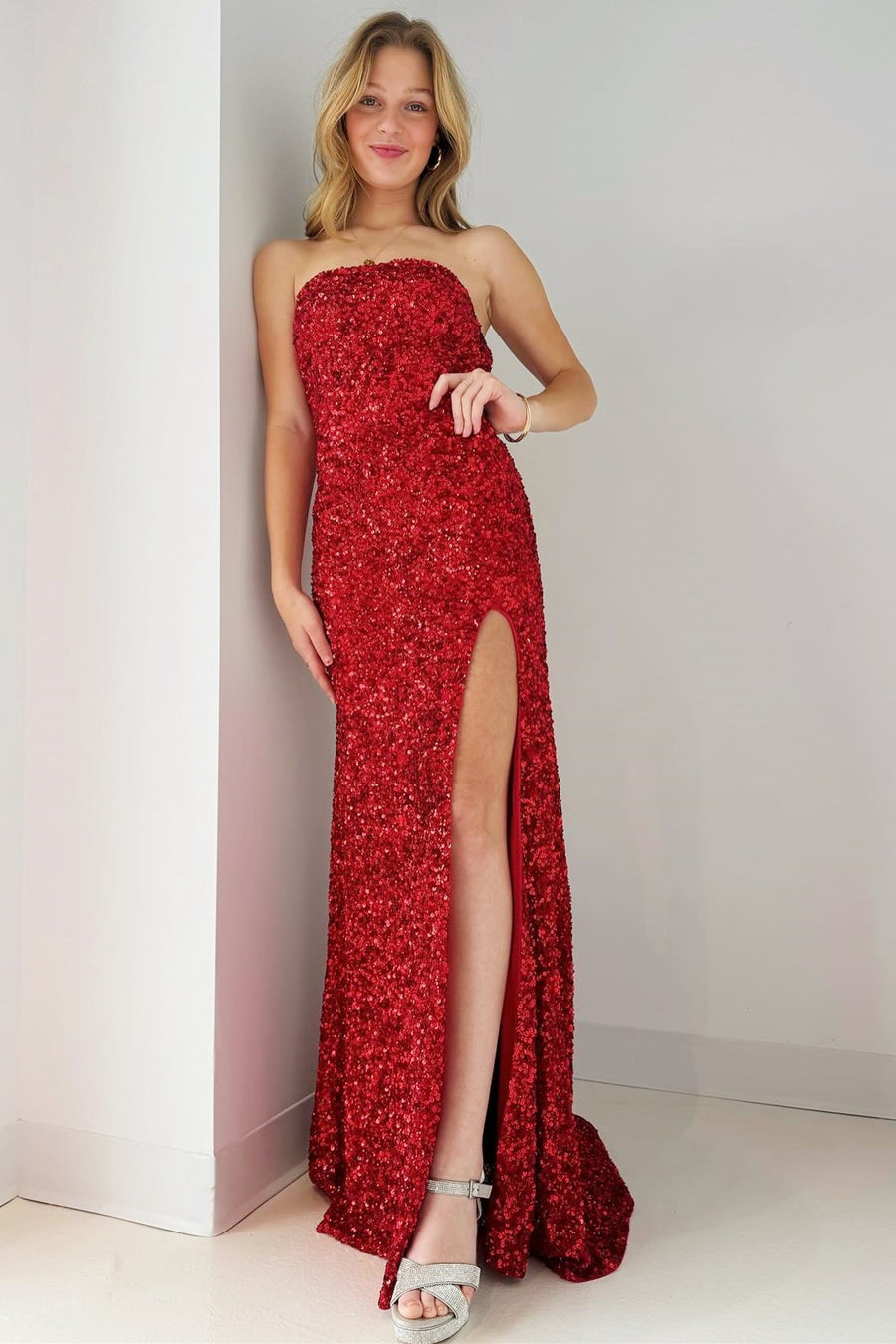 Gold Sequin Strapless Backless Mermaid Long Prom Dress with Slit Modsele Gold Sequin Strapless Backless Mermaid Long Prom Dress with Slit Modsele