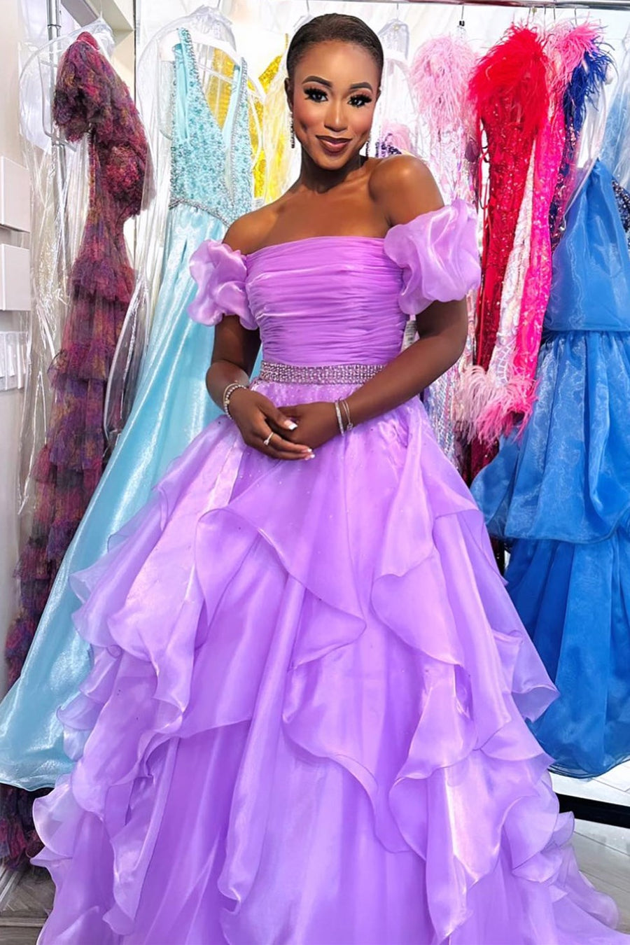 Red Off-the-Shoulder Puff Sleeve Multi-Layer Long Prom Dress