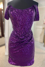 Sequin Off-the-Shoulder Ruched Cocktail Dress