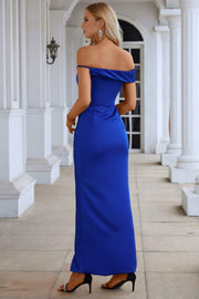 Asymmetrical Royal Blue Off-the-Shoulder Wrap Long Dress