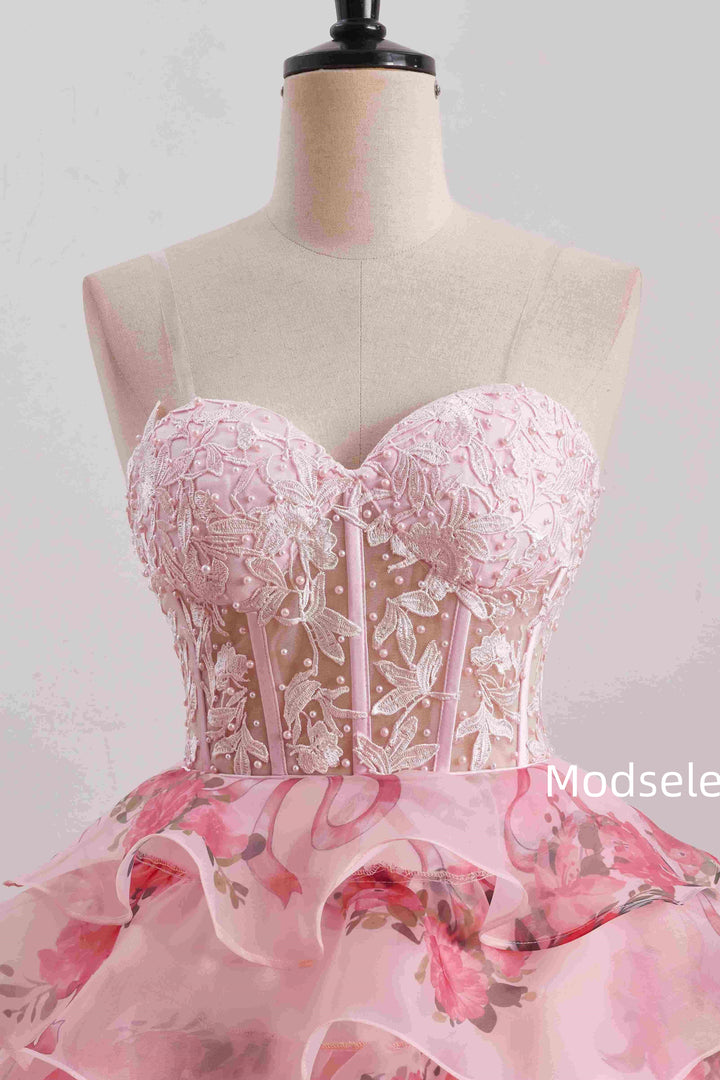 A-Line Cute  Strapless Sweetheart Print Ruffles Short Homecoming Dress