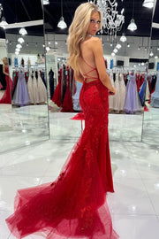 Red Tulle Appliques Scoop Neck Lace-Up Mermaid Long Dress