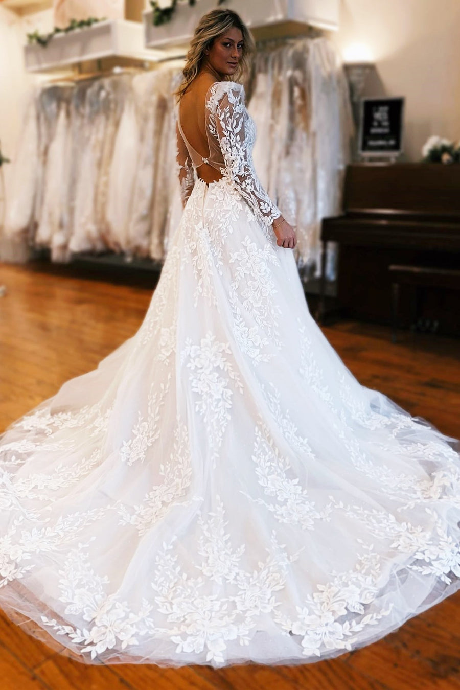 Ivory Appliques Plunge V A-Line Long Wedding Dress with Long Sleeves