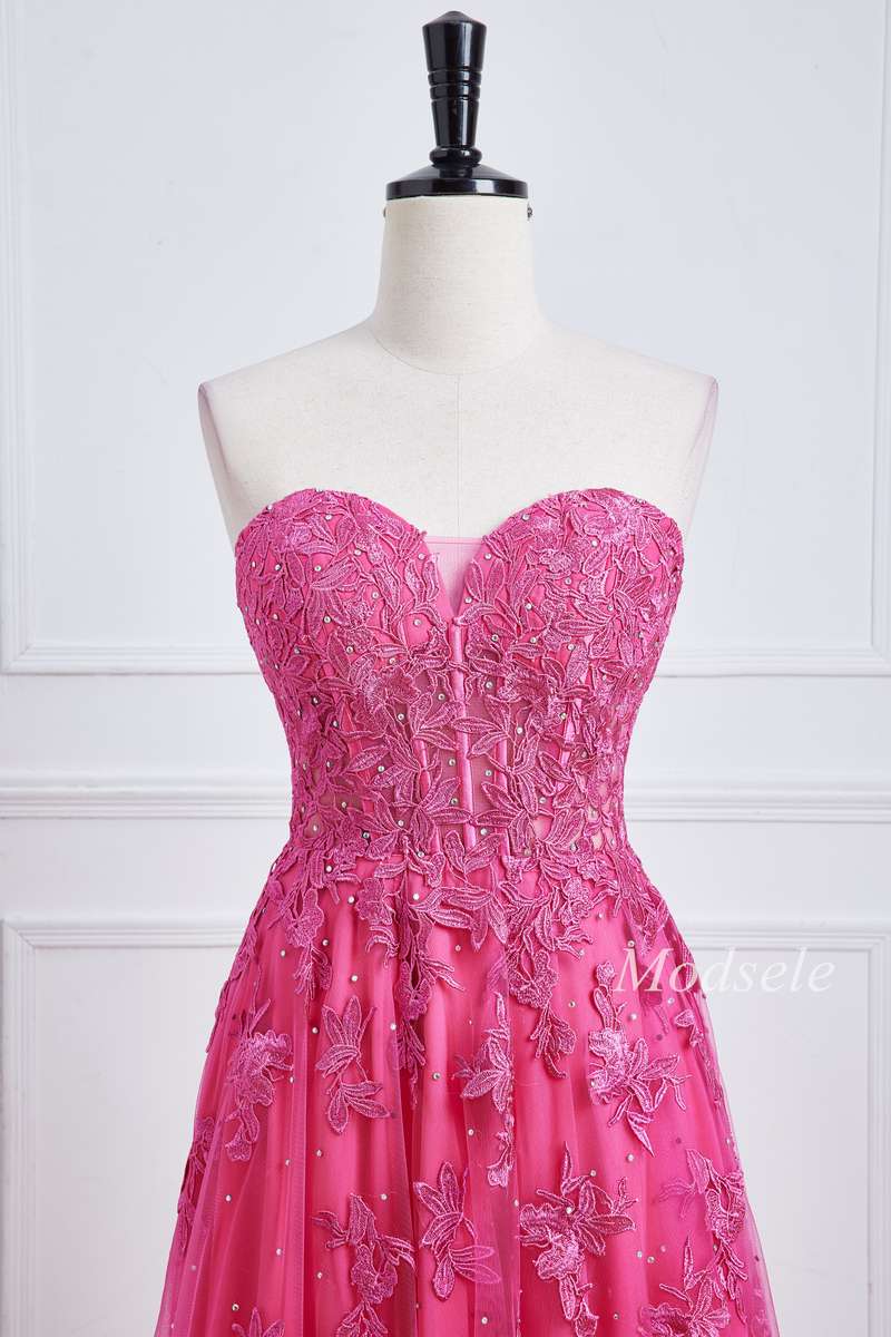 Hot Pink Appliques Sweetheart Lace-Up Long Prom Dress