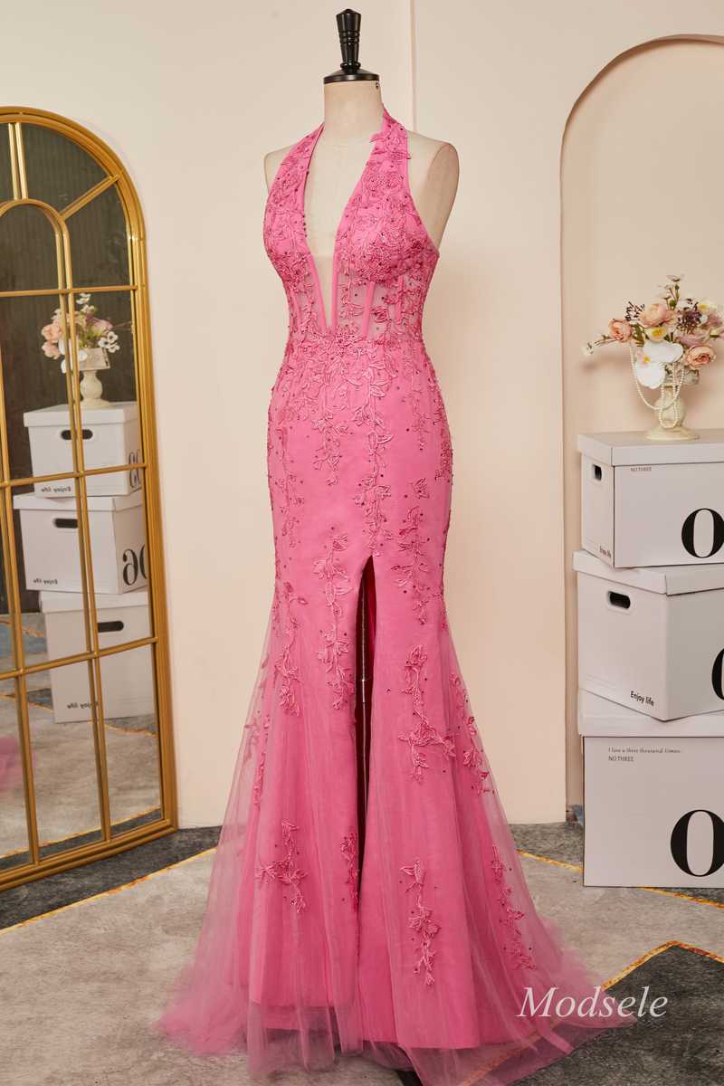 Hot Pink Appliques Halter Mermaid Long Prom Dress with Slit