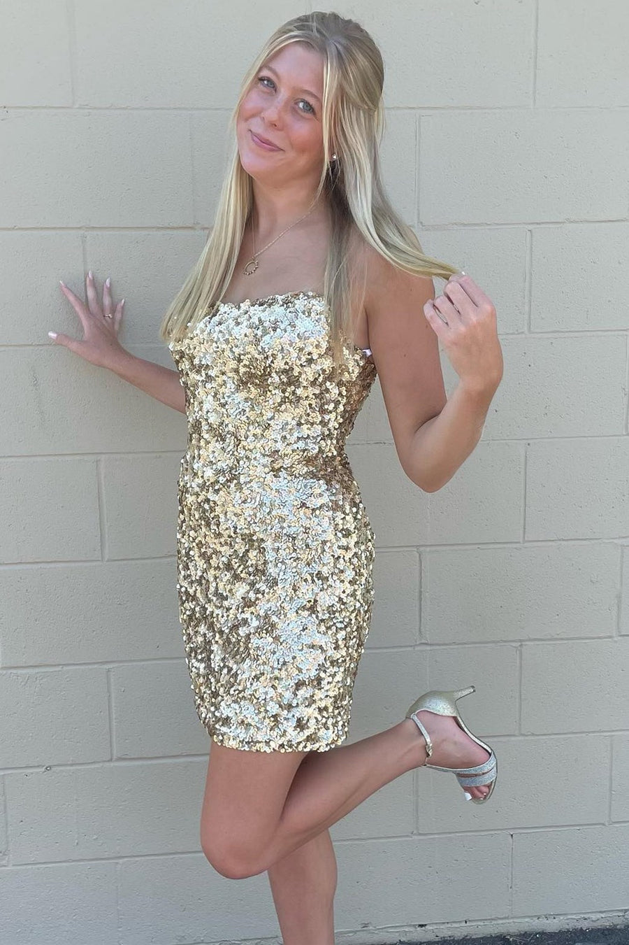 Gold Sequin Strapless Bodycon Short Party Dress