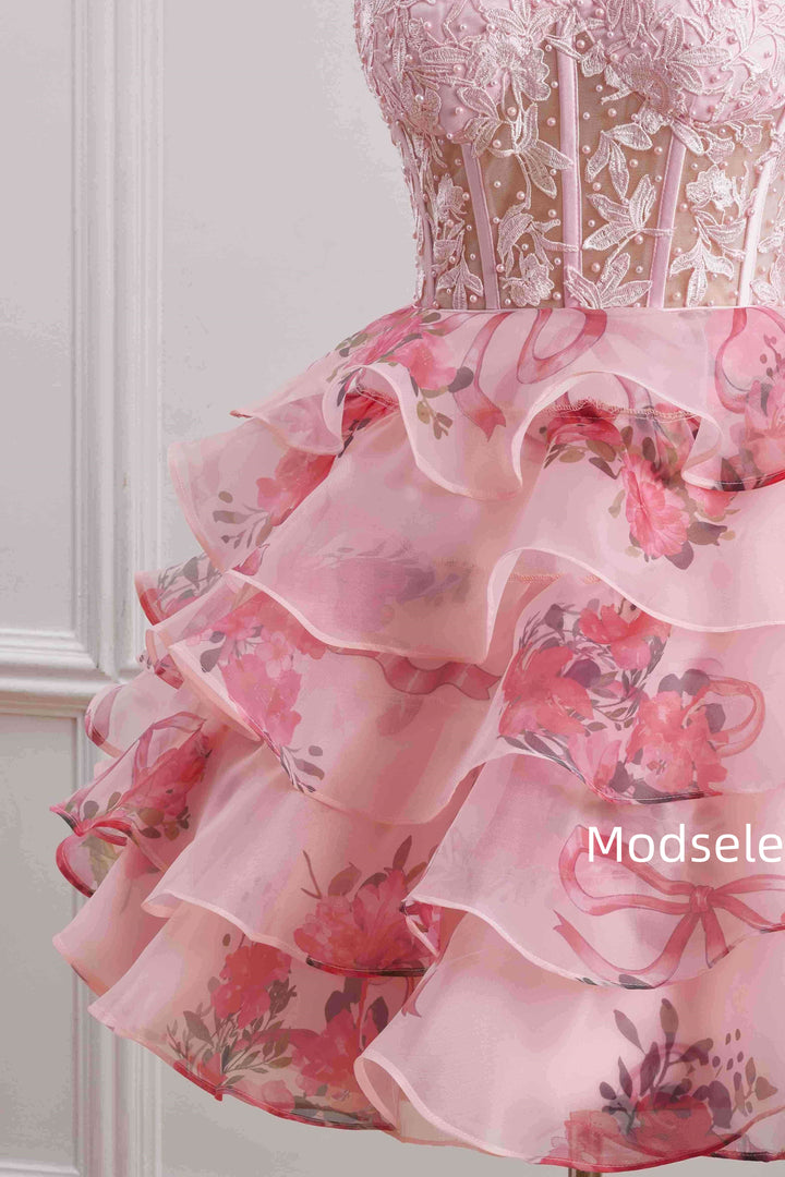 A-Line Cute  Strapless Sweetheart Print Ruffles Short Homecoming Dress