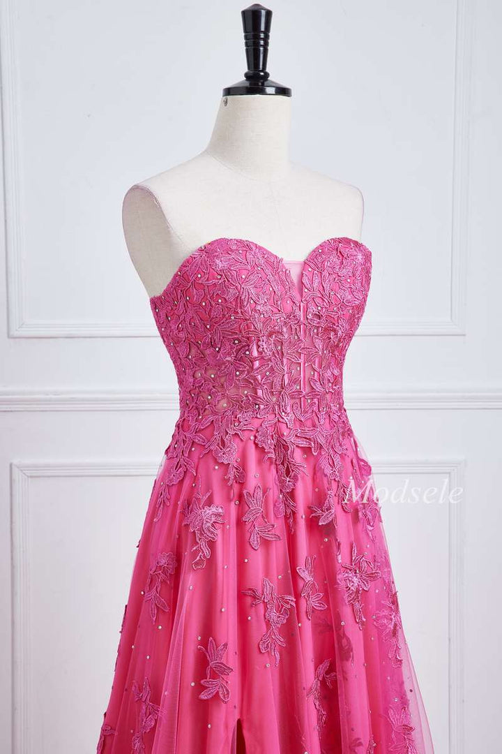 Hot Pink Appliques Sweetheart Lace-Up Long Prom Dress