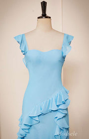 Light Blue Sweetheart Open Back Ruffle Long Dress