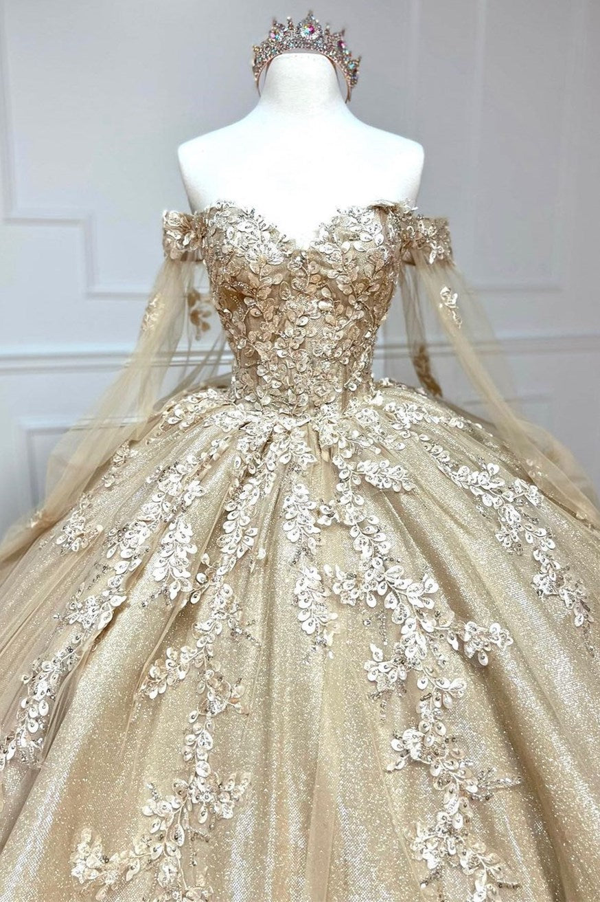 Glamorous Gold Sweetheart Ball Gown with Cape Sleeves Modsele Glamorous Gold Sweetheart Ball Gown with Cape Sleeves Modsele