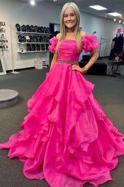 Red Off-the-Shoulder Puff Sleeve Multi-Layer Long Prom Dress