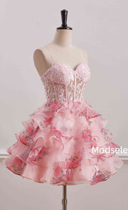 A-Line Cute  Strapless Sweetheart Print Ruffles Short Homecoming Dress