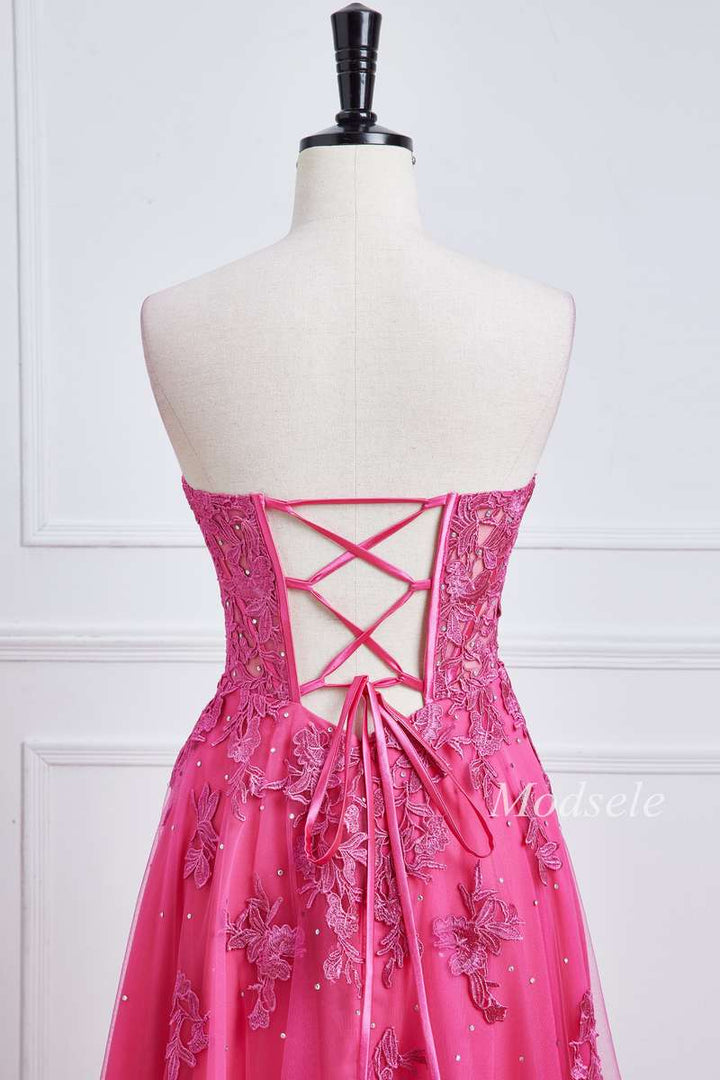 Hot Pink Appliques Sweetheart Lace-Up Long Prom Dress