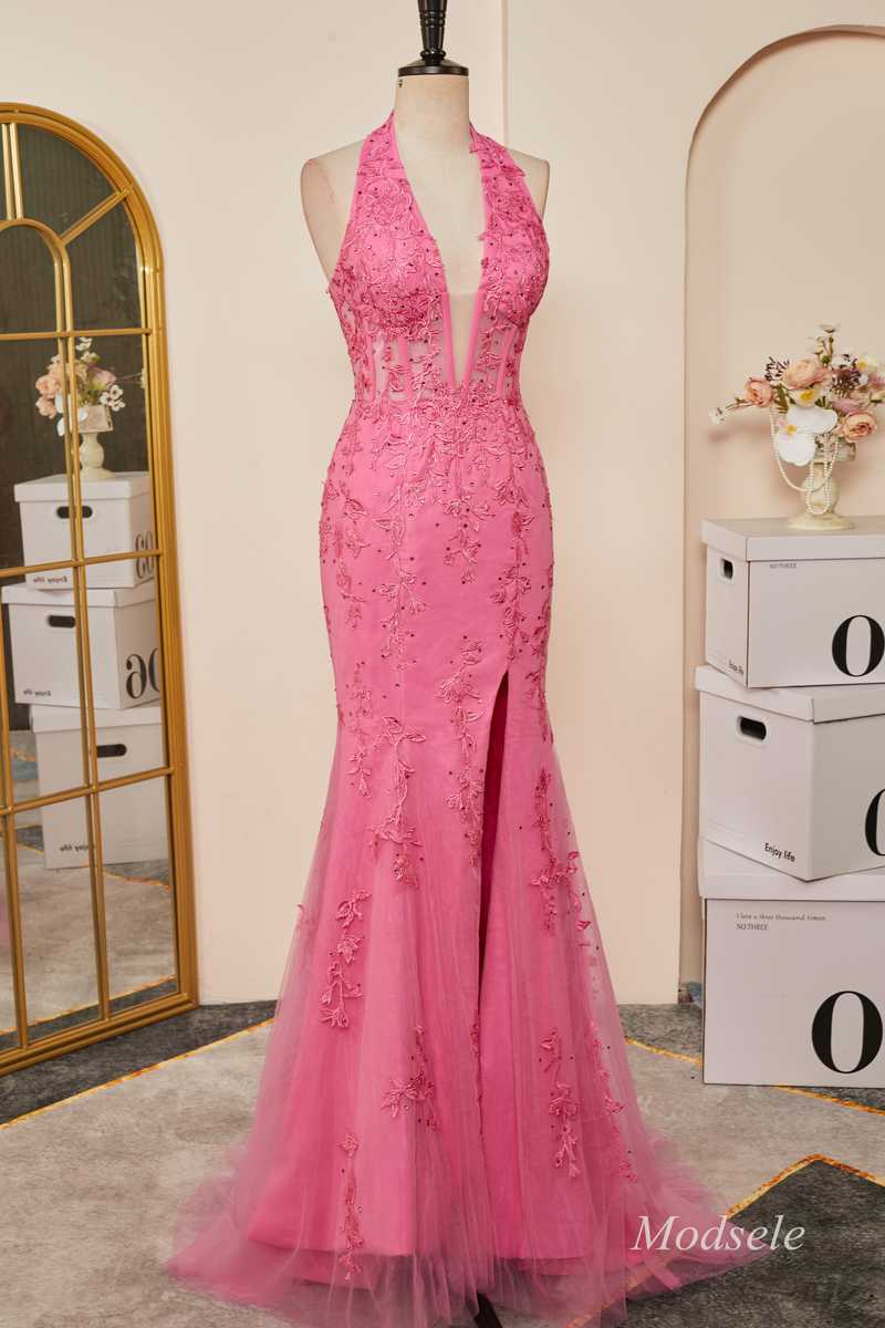 hot pink halter prom dress Ava Presley Plunging Sequin Halter Prom Dress 40075