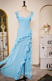 Light Blue Sweetheart Open Back Ruffle Long Dress