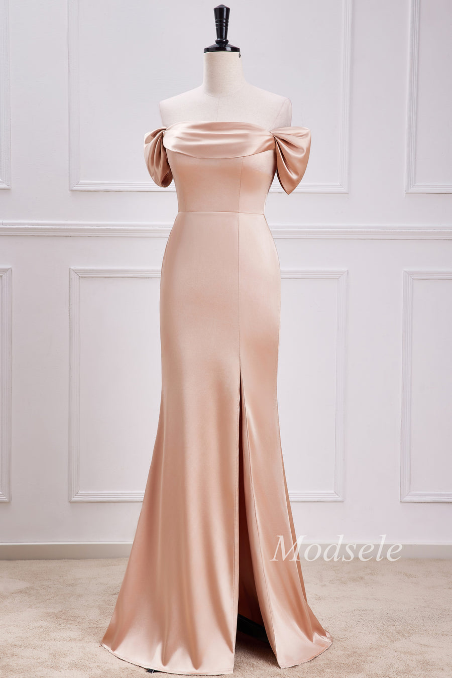 Champagne Off-the-Shoulder Mermaid Maxi Dress with Slit