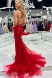 Red Tulle Appliques Scoop Neck Lace-Up Mermaid Long Dress