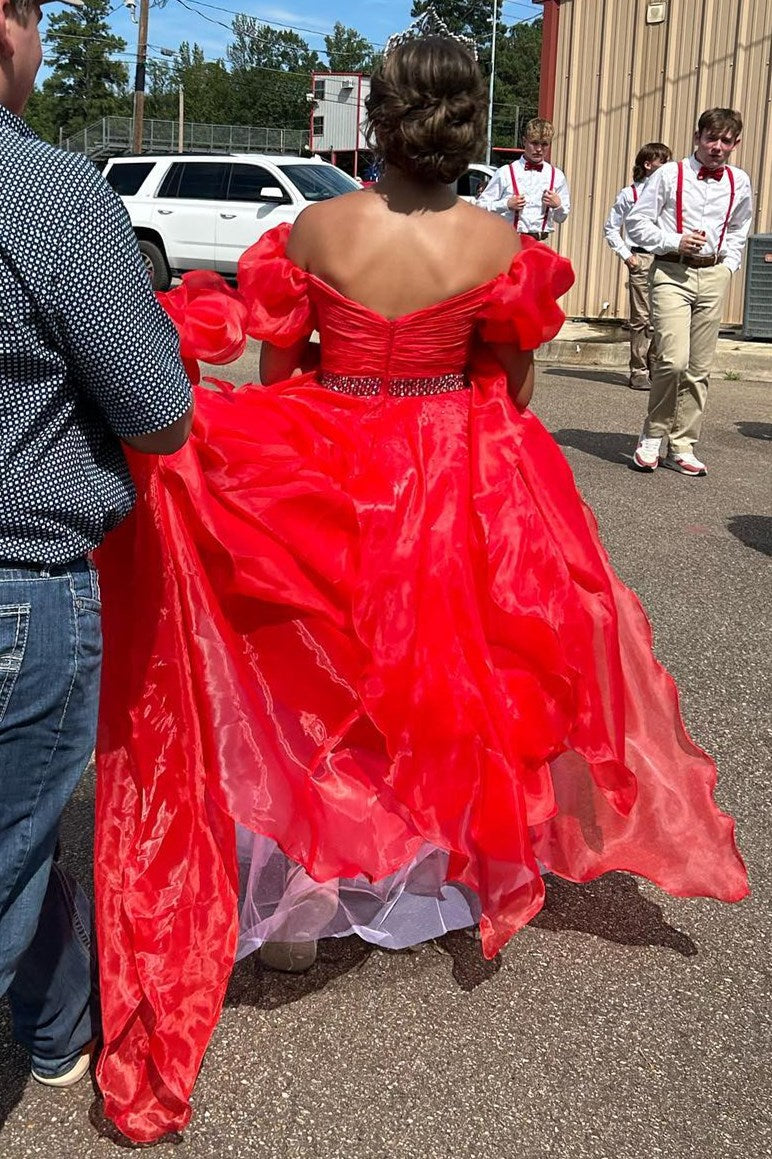 red off the shoulder puff sleeve dress A-Line Burgundy Off-the-Shoulder Bow Prom Gown