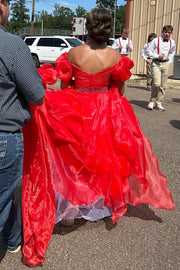 Red Off-the-Shoulder Puff Sleeve Multi-Layer Long Prom Dress