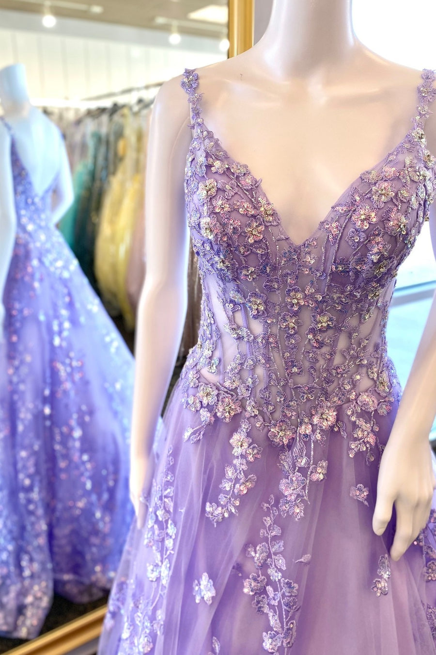 Lavender Floral Lace V-Neck A-Line Prom Gown