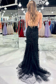 Red Tulle Appliques Scoop Neck Lace-Up Mermaid Long Dress