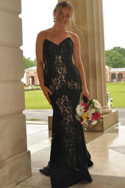 Strapless Red Appliques Mermaid Sleeveless Lace Long Prom Dress