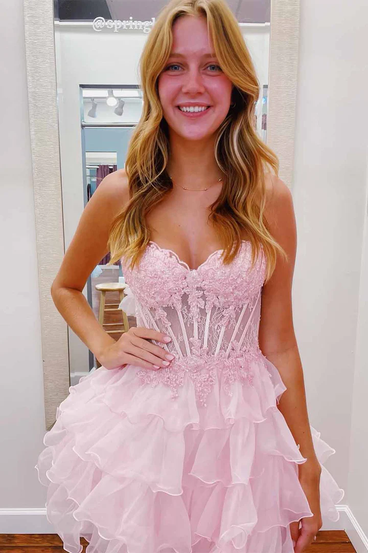 A-Line Strapless Appliques Ruffle Sleeveless Short Homecoming Dress