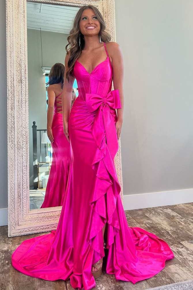 Pink Spaghetti Straps V-Neck Satin Bow Long Prom Dress with Slit