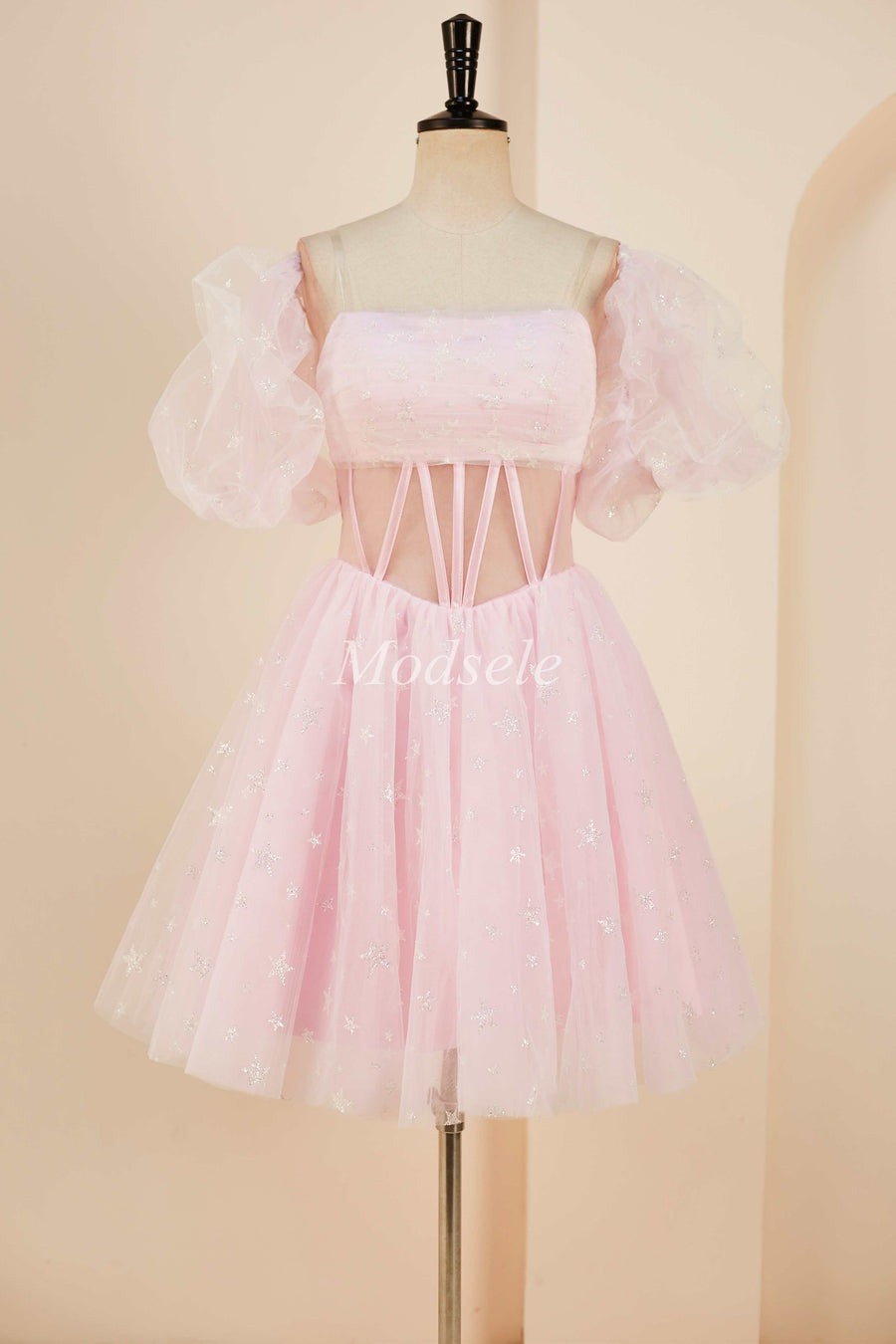 Pink Tulle Strapless A-Line Short Dress with Balloon Sleeves
