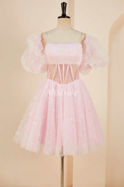 Pink Tulle Strapless A-Line Short Dress with Balloon Sleeves