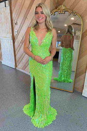 Lime Green V-Neck Sequin Long Prom Dress with Slit