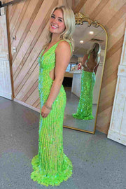 Lime Green V-Neck Sequin Long Prom Dress with Slit