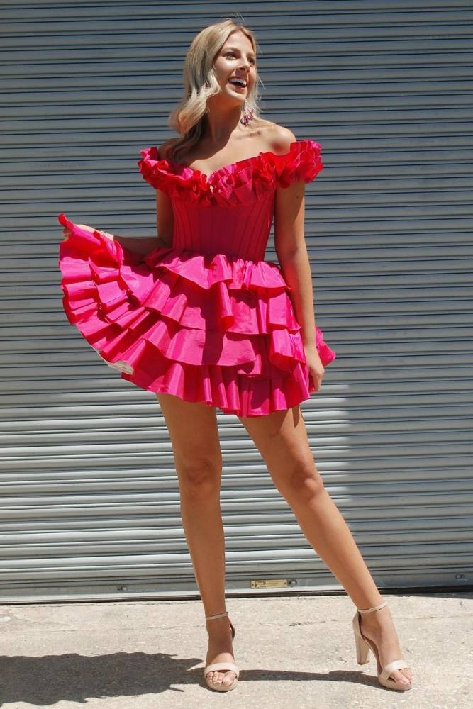Hot Pink Off the Shoulder Ruffle A-Line Homecoming Dress