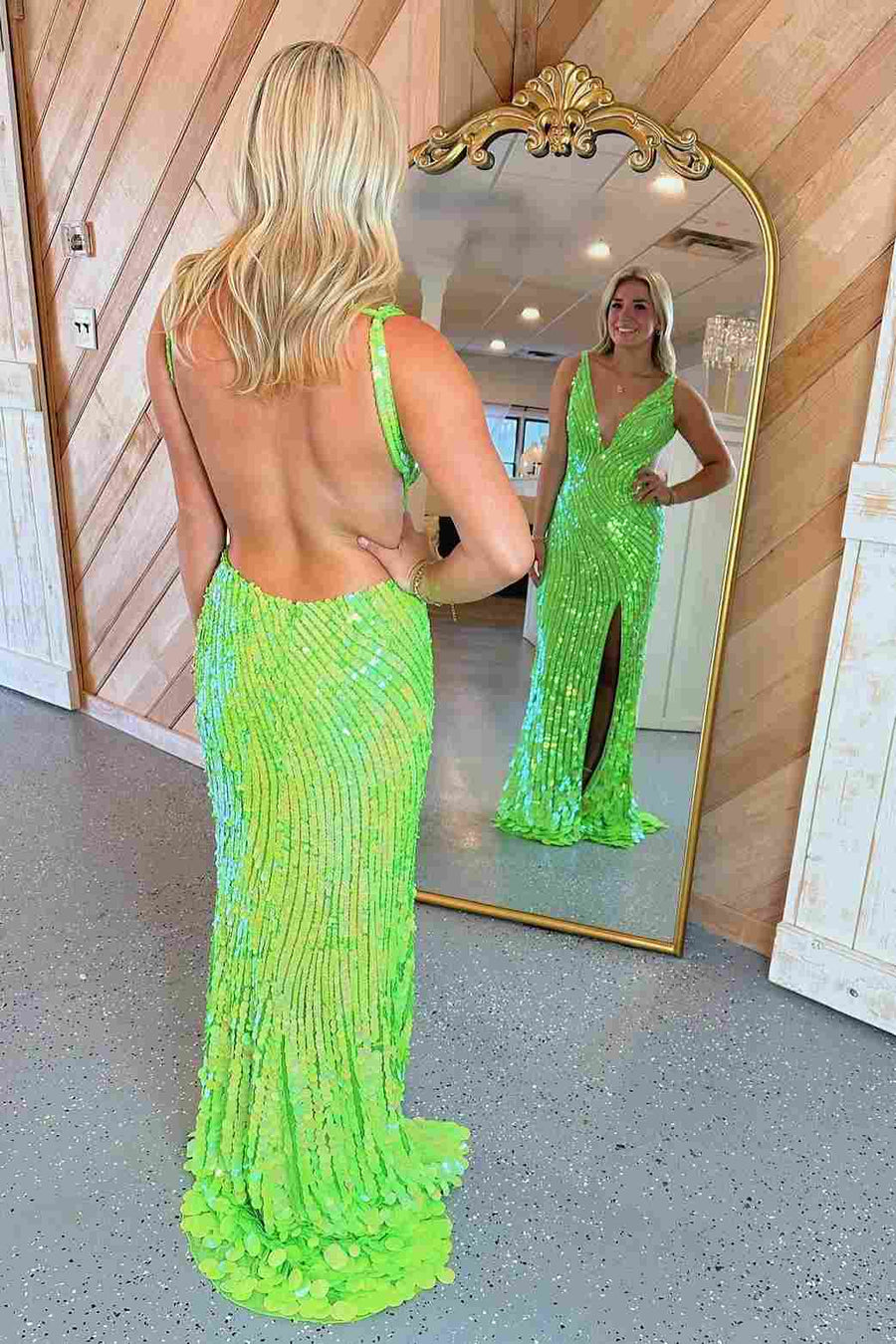 Lime Green V-Neck Sequin Long Prom Dress with Slit