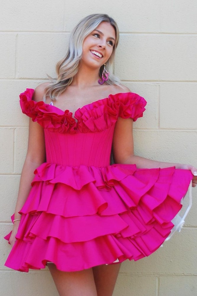 Hot Pink Off the Shoulder Ruffle Satin A-Line Empire-Waist Short Homec Modsele Hot Pink Off the Shoulder Ruffle Satin A-Line Empire-Waist Short Homec Modsele
