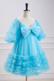 Puff Sleeves Light Blue Floral Print Ruffle Homecoming Dress