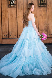 Sky Blue Strapless A-Line Tiered Tulle Prom Dress with Slit