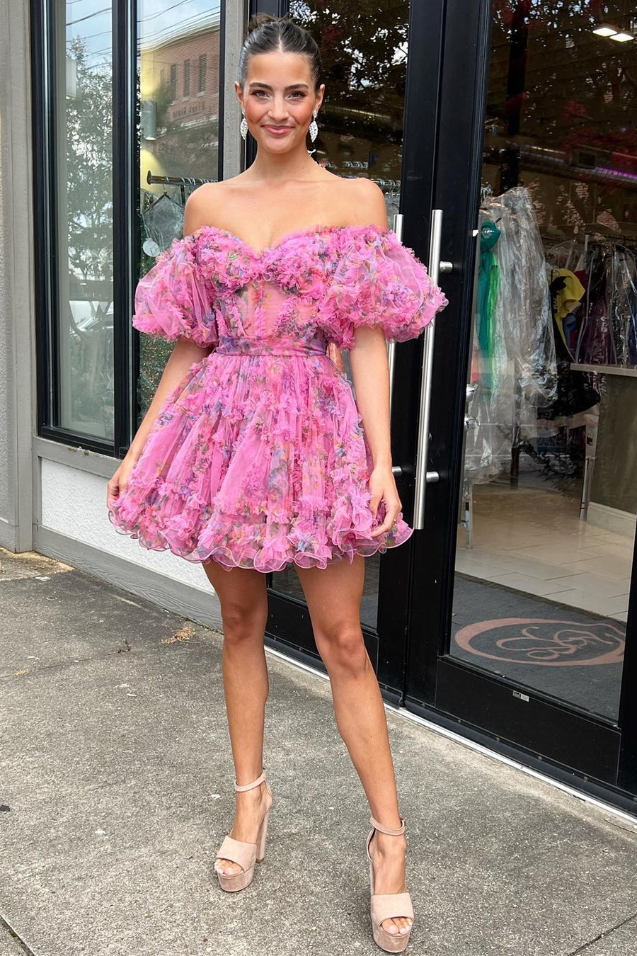 Fuchsia Print Puff Sleeve Ruffle Short Homecoming Dress Modsele Fuchsia Print Puff Sleeve Ruffle Short Homecoming Dress Modsele