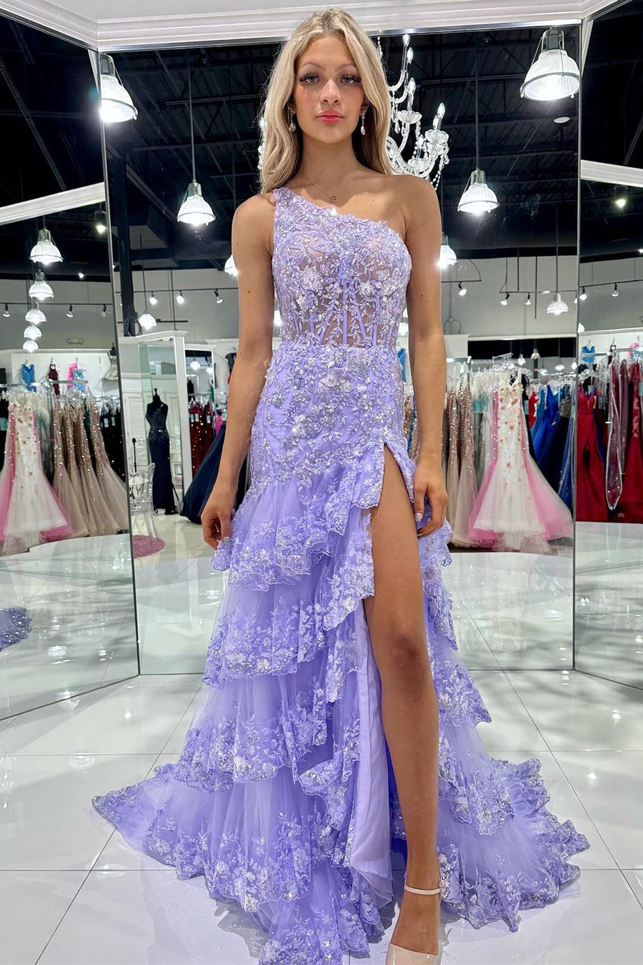 One-Shoulder Sequin-Embroidery Tiered Long Prom Dress with Slit