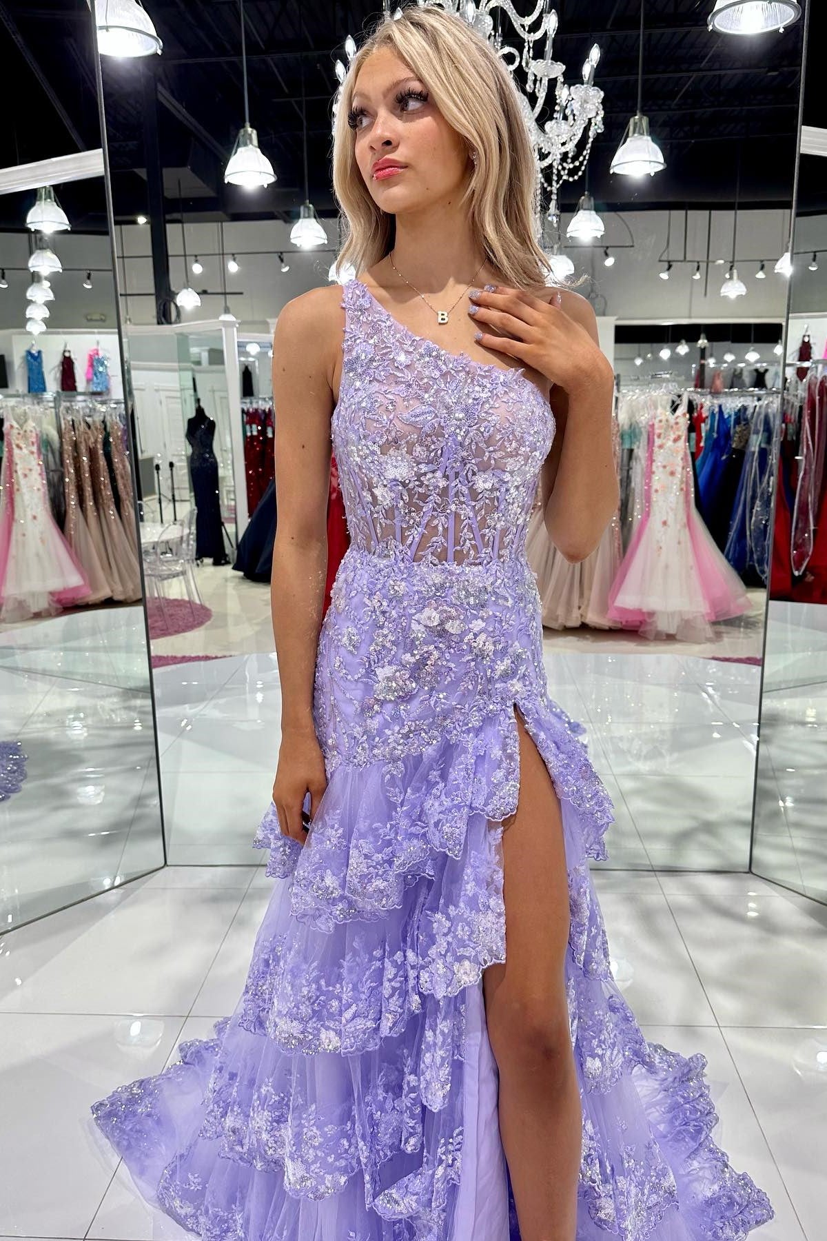 One-Shoulder Sequin-Embroidery Tiered Long Prom Dress with Slit