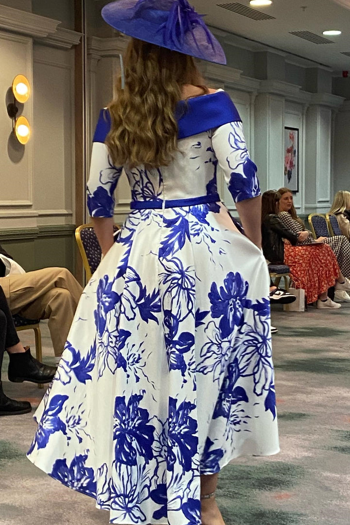 Blue Flower Prints Portrait 1/2 Sleeves Mother of the Bride Dress