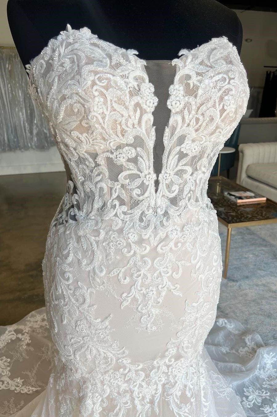 Ivory Strapless Floral Lace Trumpet Long Bridal Gown