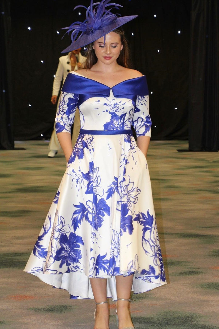 Blue Flower Prints Portrait 1/2 Sleeves Mother of the Bride Dress