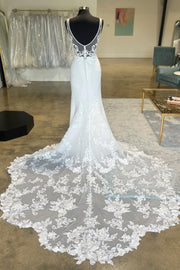 White Plunge V Strapless Lace Mermaid Long Bridal Gown