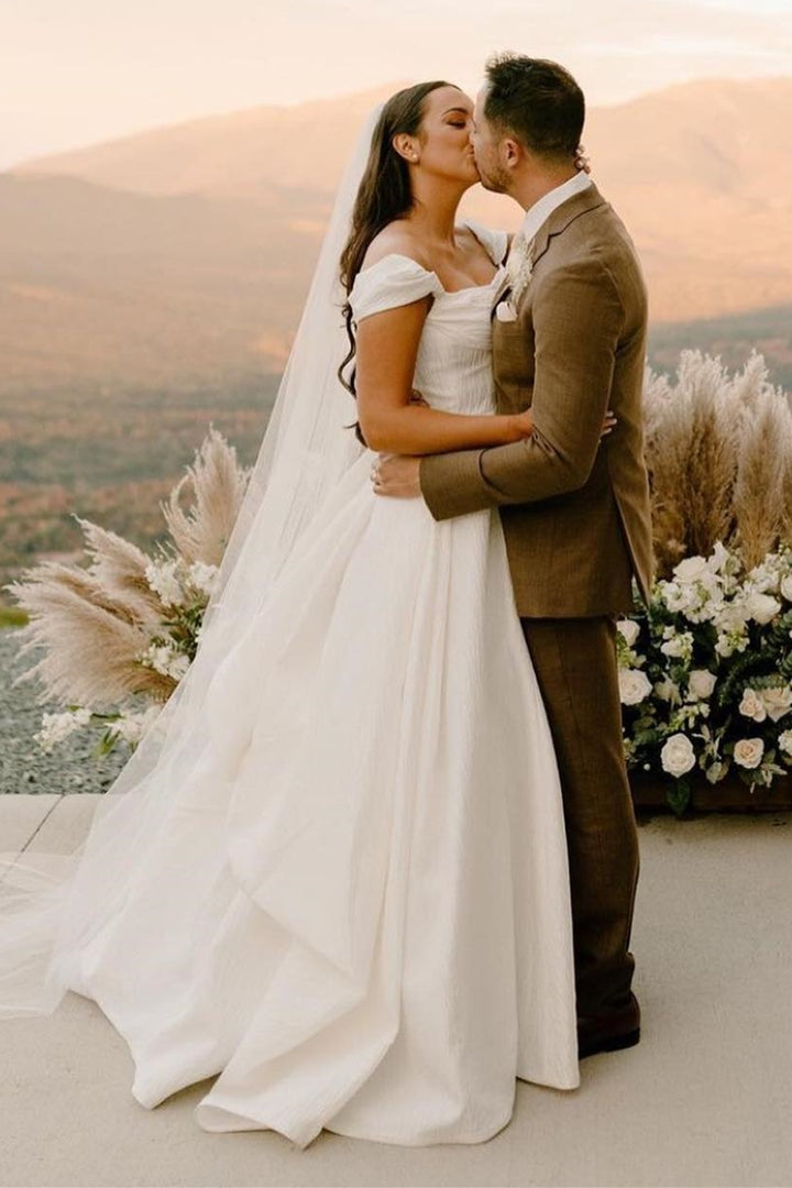 Ivory Off-the-Shoulder Cap Sleeves Layers Wedding Dress