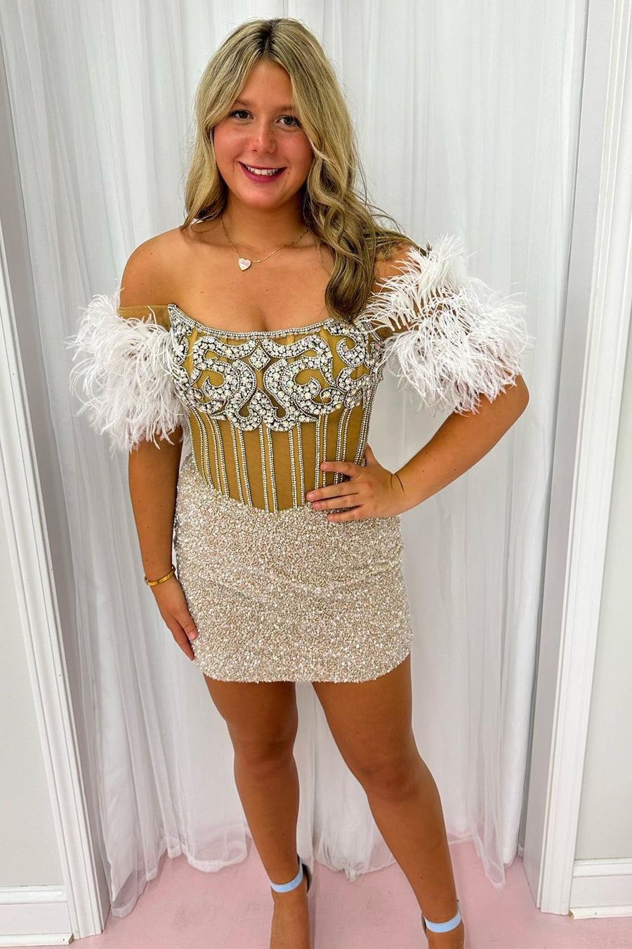 Silver Sequin Off-the-Shoulder Beaded Short Dress with Feathers