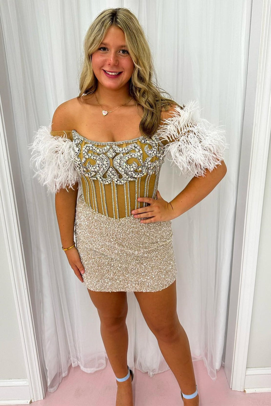 Silver Sequin Off-the-Shoulder Beaded Short Dress with Feathers Modsele Silver Sequin Off-the-Shoulder Beaded Short Dress with Feathers Modsele