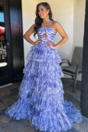 Blue Print Halter Keyhole Ruffle Tiered Long Prom Dress