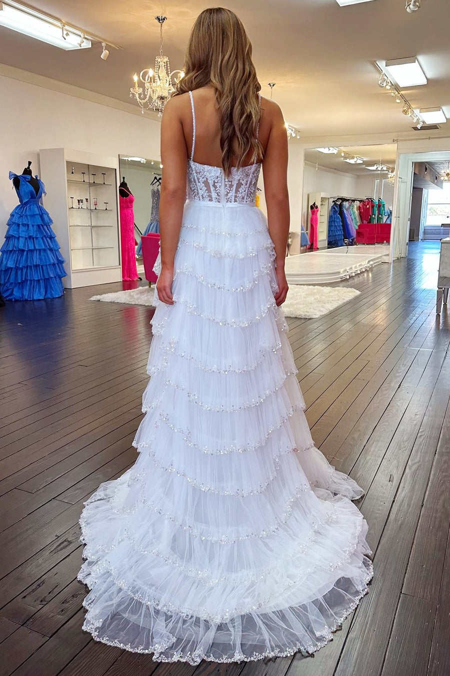 White Lace Beaded Ruffle Tiered Long Prom Dress with Slit Modsele White Lace Beaded Ruffle Tiered Long Prom Dress with Slit Modsele