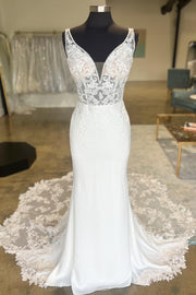White Plunge V Strapless Lace Mermaid Long Bridal Gown